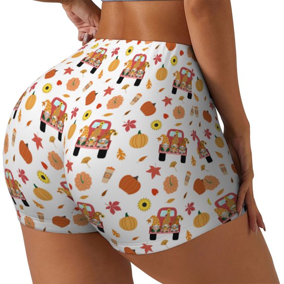 Logiee Cute Gnomes In Red Truck Print Women's Biker Shorts,Workout Gym Shorts,Scrunch Shorts,Tummy Control Hidden Scrunch Running Yoga Shorts-XX-Large