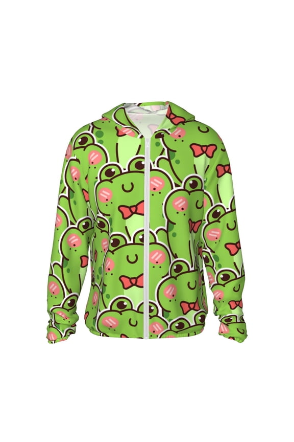 Cute Green Frog Print Men's Women Light Jacket Full Zip Sun Protection Hoodie Long Sleeve Sun Shirts for Men Hiking Fishing Zip Pockets-XX-Large