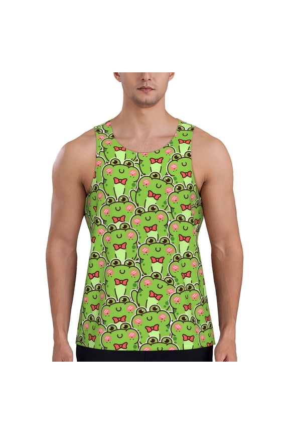 Cute Green Frog Print Men's Workout Tank Top,Quick Dry Workout Tank Top,Gym Muscle Tee,Fitness Bodybuilding Sleeveless T Shirt-Large