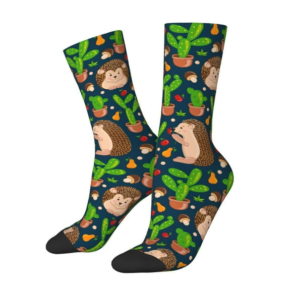 Logiee Cute Hedgehogs Cactus Blue Print Adult Socks for Men & Women,Calf Socks, Ankle Socks,Boots Socks,Breathable Casual Sock,Unisex Crew Socks