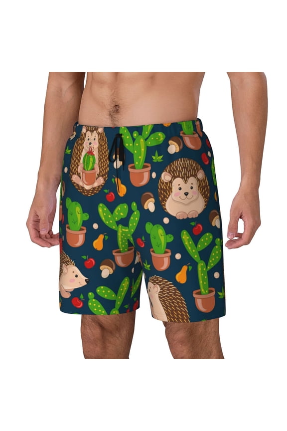 Cute Hedgehogs Cactus Blue Print Men's Swim Trunk,Quick Dry Board Shorts ,Men's Swim Trunks with Compression Liner, Bathing Suits with Pockets-3X-Large