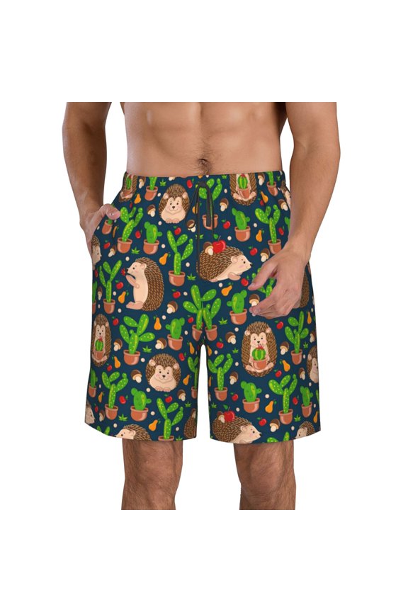 Cute Hedgehogs Cactus Blue Print Mens Swim Trunks Quick Dry Board Shorts,Breathable Hawaii Beach Shorts Swimwear Bathing Suits-Large