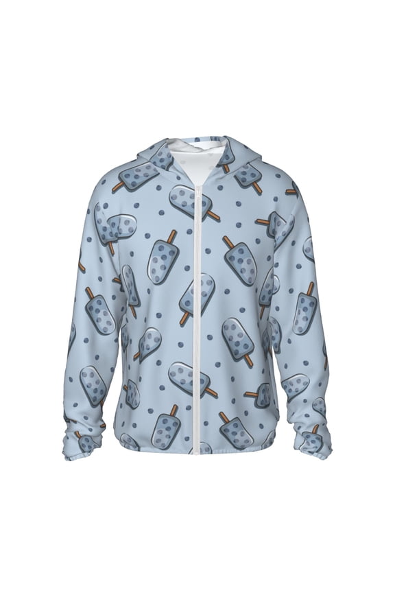 Cute Ice Cream Print Men's Women Light Jacket Full Zip Sun Protection Hoodie Long Sleeve Sun Shirts for Men Hiking Fishing Zip Pockets-Small