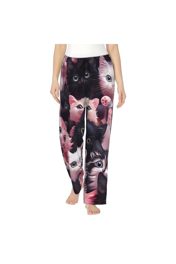 Cute Kittens Group Portrait Print Women Pajama Pants,Comfy Pj Bottom with Pockets & Drawstring,Stretch Casual Sleepwear-Large
