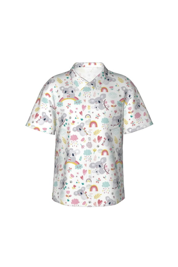 Cute Koala Print Mens Hawaiian Shirts,Loose-Fit Short Sleeve Button Down Tropical Aloha Beach Shirt,Summer Vacation Wedding Tops,Medium