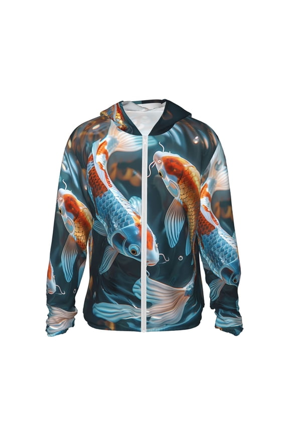Cute Koi Fish Serenity Print Men's Women Light Jacket Full Zip Sun Protection Hoodie Long Sleeve Sun Shirts for Men Hiking Fishing Zip Pockets-Medium