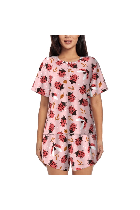 Cute Ladybugs 1 Print Womens Pajamas Set,Short-Sleeve Pajama 2 Piece Sleepwear with Pockets-Small