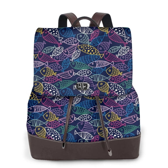 Gaeub Cute Line Fish Print Women's Leather Backpack,Travel Laptop Backpack,Fashion Ladies Leather Backpack Bag for Travel,Leather Drawstring Daypack for Me