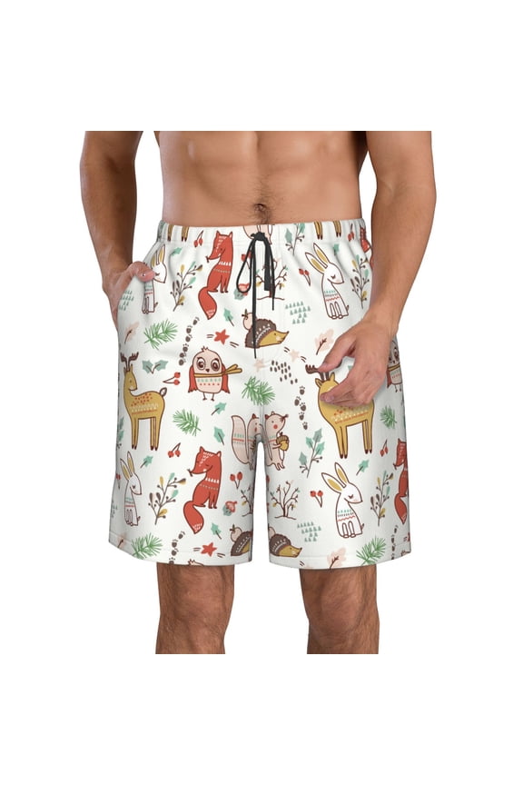 Cute Little Animals Print Mens Swim Trunks Quick Dry Board Shorts,Breathable Hawaii Beach Shorts Swimwear Bathing Suits-Medium
