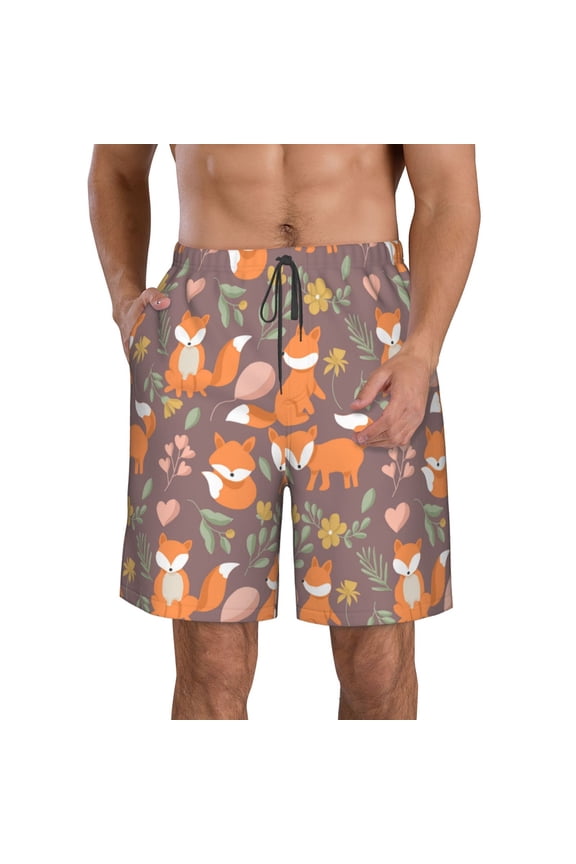 Cute Little Fox Print Mens Swim Trunks Quick Dry Board Shorts,Breathable Hawaii Beach Shorts Swimwear Bathing Suits-Large