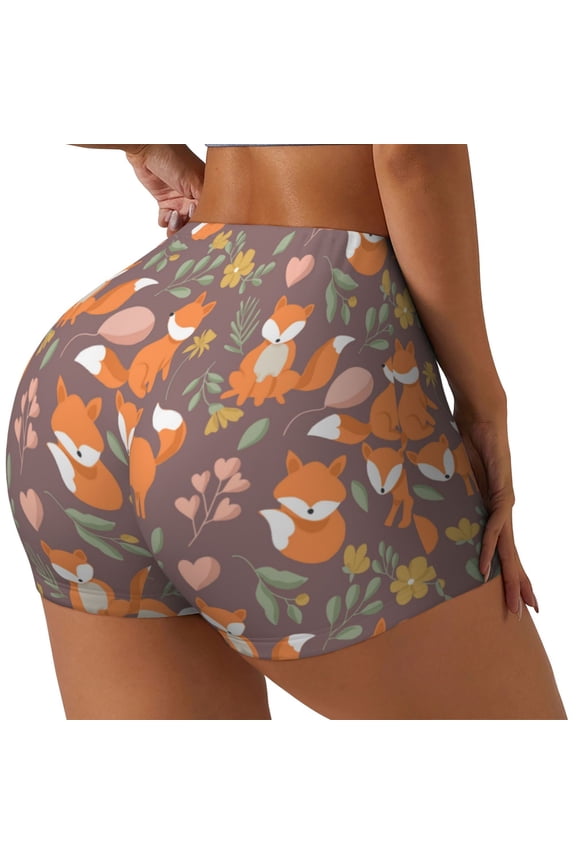 Cute Little Fox Print Women's Biker Shorts,Workout Gym Shorts,Scrunch Shorts,Tummy Control Hidden Scrunch Running Yoga Shorts-XX-Large