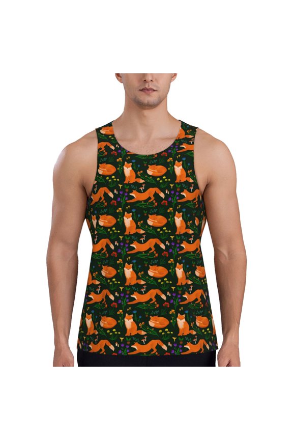 Cute Little Foxes Print Men's Workout Tank Top,Quick Dry Workout Tank Top,Gym Muscle Tee,Fitness Bodybuilding Sleeveless T Shirt-X-Large