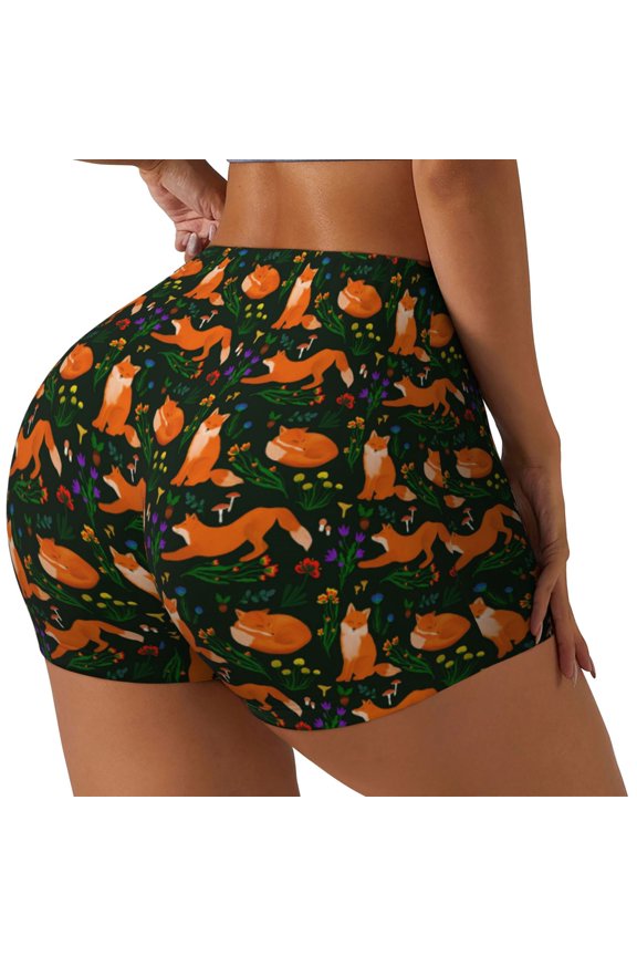 Cute Little Foxes Print Women's Biker Shorts,Workout Gym Shorts,Scrunch Shorts,Tummy Control Hidden Scrunch Running Yoga Shorts-Large