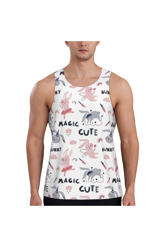 Cute Magic Bunny Print Men's Workout Tank Top,Quick Dry Workout Tank Top,Gym Muscle Tee,Fitness Bodybuilding Sleeveless T Shirt-Medium