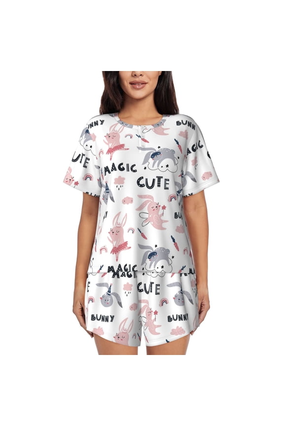 Cute Magic Bunny Print Womens Pajamas Set,Short-Sleeve Pajama 2 Piece Sleepwear with Pockets-Large