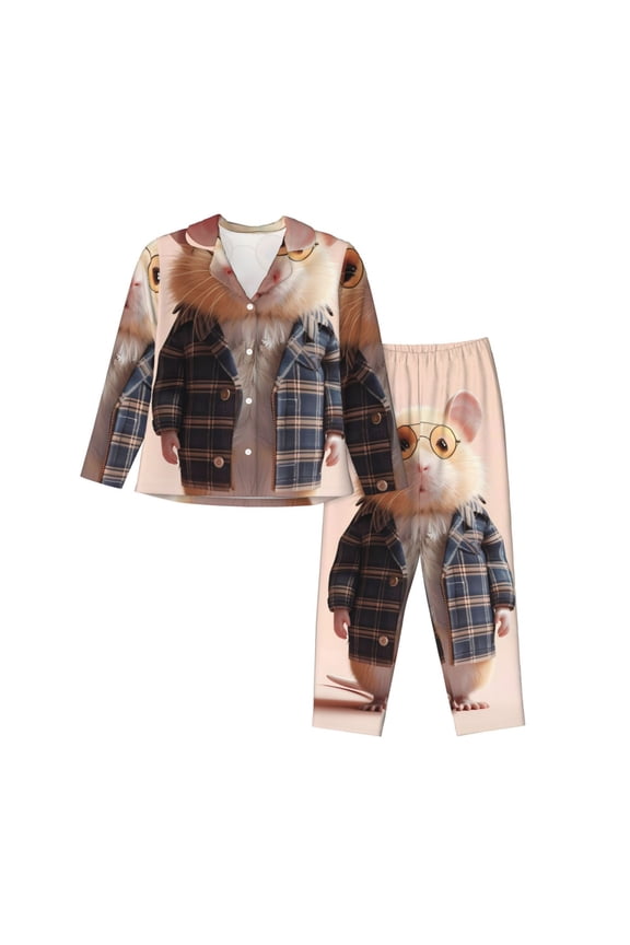 Cute Mouse In Glasses Print Womens Pajamas Set,Long Sleeve Sleepwear,Button Down Lounge Set 2 Pieces,Soft Nightwear Pjs Set-XX-Large
