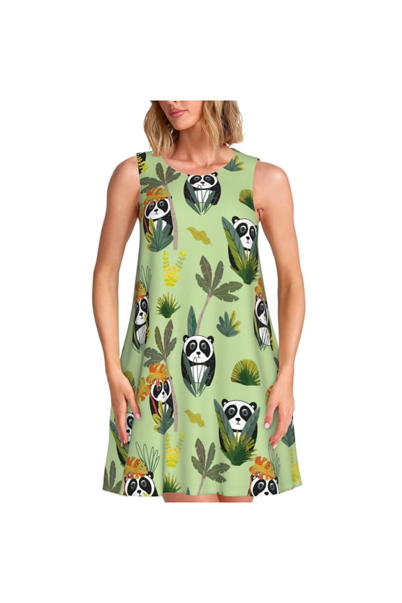 Cute Panda Bear In Greenery Forest Print Summer Dresses for Women,Beach Sleeveless Flowy Pocket Tshirt Tank Sundresses,Women's Sleeveless Dress