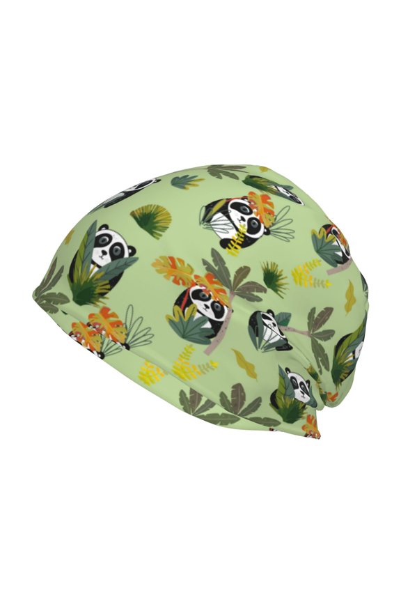 Cute Panda Bear In Greenery Forest Print Unisex Knit Beanie for Men Women Winter Hat,Beanies Skull Caps