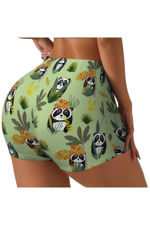 Cute Panda Bear In Greenery Forest Print Women's Biker Shorts,Workout Gym Shorts,Scrunch Shorts,Tummy Control Hidden Scrunch Running Yoga Shorts-Medium