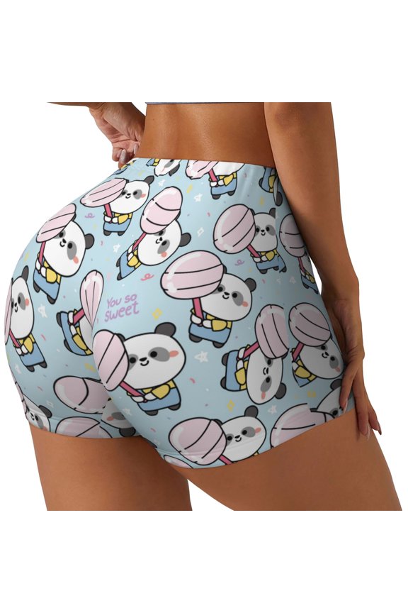 Cute Panda Bear Print Women's Biker Shorts,Workout Gym Shorts,Scrunch Shorts,Tummy Control Hidden Scrunch Running Yoga Shorts-Large