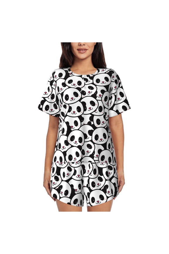 Cute Panda Print Womens Pajamas Set,Short-Sleeve Pajama 2 Piece Sleepwear with Pockets-Medium