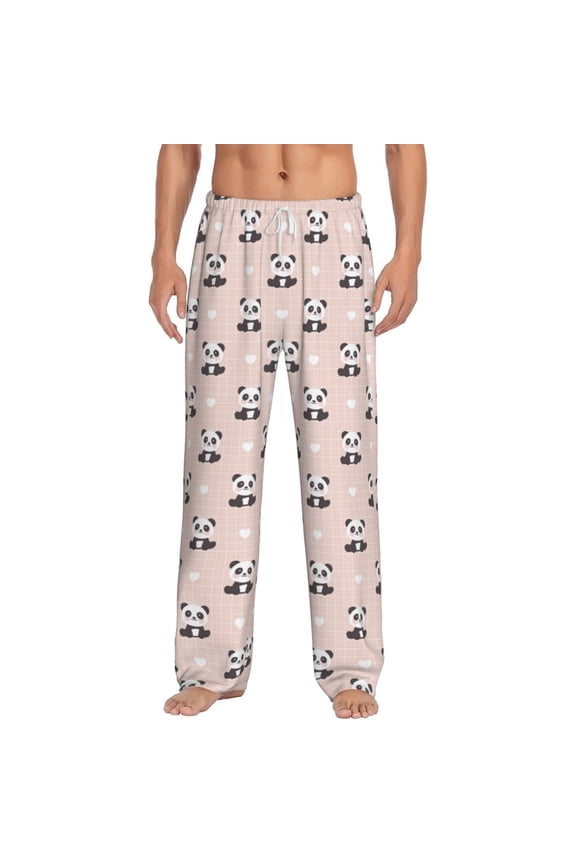Cute Panda Print Pajama Pants for Men,Men’s Pajama Bottoms,Mens PJ Pants with Pockets & Button Fly-Large