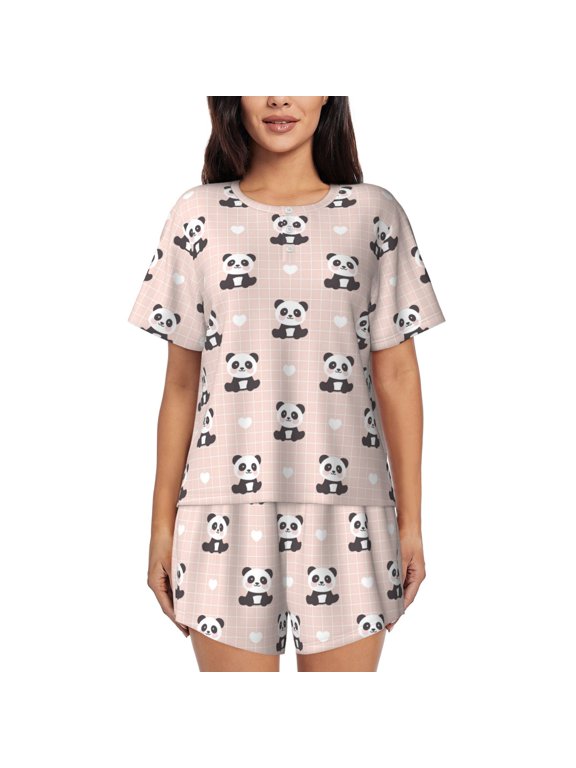 Cute Panda Print Womens Pajamas Set,Short-Sleeve Pajama 2 Piece Sleepwear with Pockets-Medium