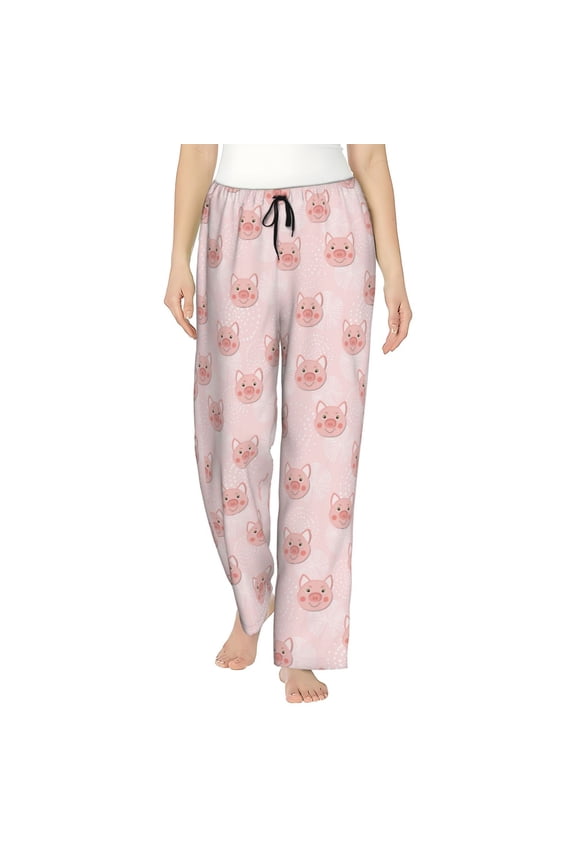 Cute Pig Face Print Women Pajama Pants,Comfy Pj Bottom with Pockets & Drawstring,Stretch Casual Sleepwear-Medium