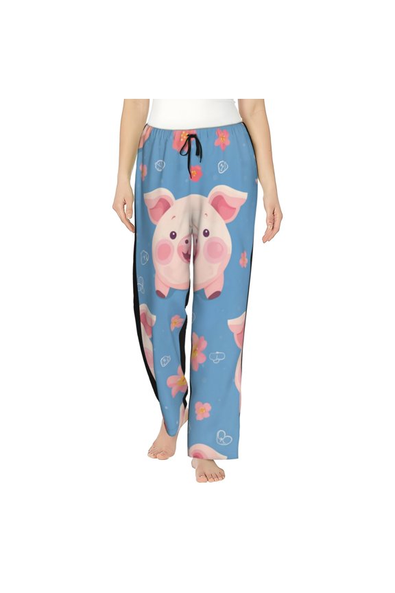 Cute Pig Flowers Print Women Pajama Pants,Comfy Pj Bottom with Pockets & Drawstring,Stretch Casual Sleepwear-XX-Large
