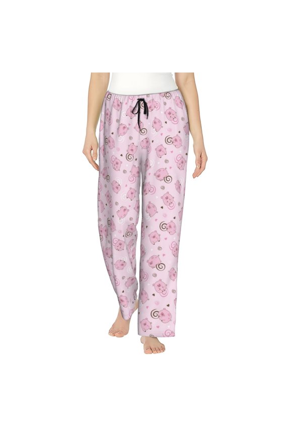 Cute Pig Print Women Pajama Pants,Comfy Pj Bottom with Pockets & Drawstring,Stretch Casual Sleepwear-Large