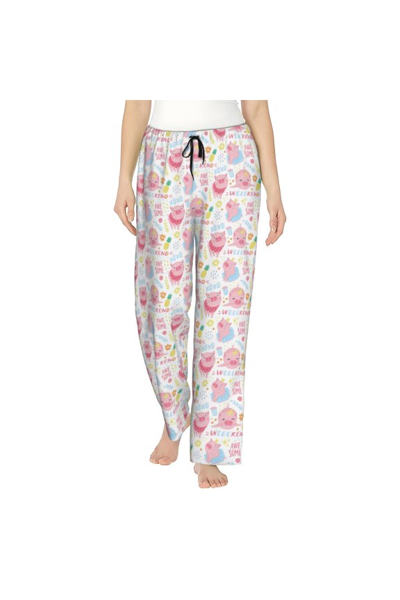 Cute Pig Print Women Pajama Pants,Comfy Pj Bottom with Pockets & Drawstring,Stretch Casual Sleepwear-Medium