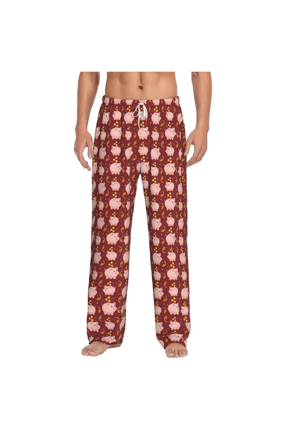 Cute Pig with Coins Print Pajama Pants for Men,Men’s Pajama Bottoms,Mens PJ Pants with Pockets & Button Fly-Small