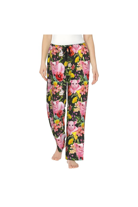 Cute Pigs Sunflower Print Women Pajama Pants,Comfy Pj Bottom with Pockets & Drawstring,Stretch Casual Sleepwear-Medium
