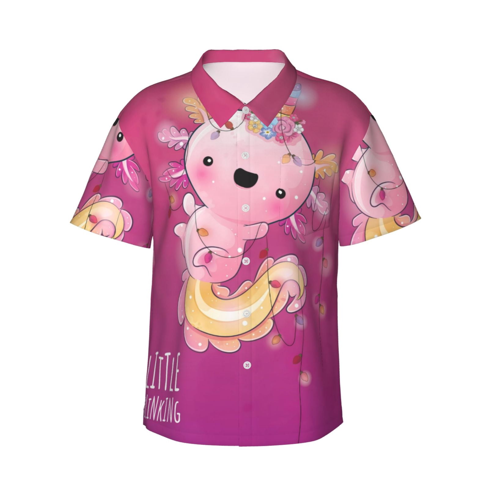 Logiee Cute Pink Axolotl A Print Mens Hawaiian Shirts,Loose-Fit Short Sleeve Button Down Tropical Aloha Beach Shirt,Summer Vacation Wedding Tops,Medium
