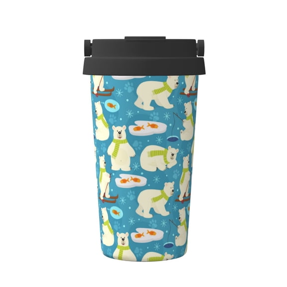 Logiee Cute Polar Bear Fishing Print Stainless Steel Coffee Tumbler, Travel Coffee Mug, Insulated Coffee Mug with Lid, Spill Proof Coffee Cup, Portable Thermal Mug