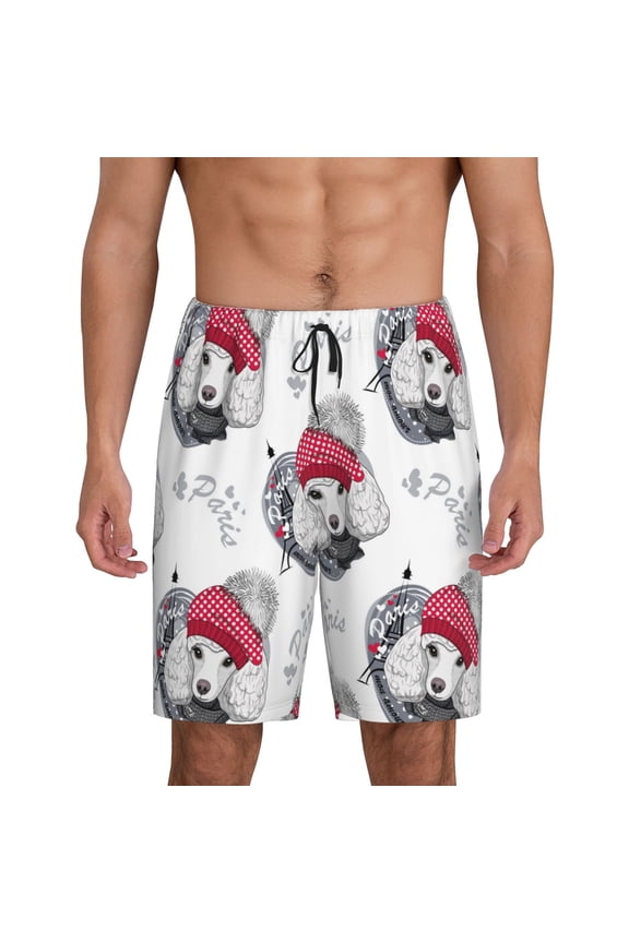 Cute Poodle Dog Print Men's Pajama Shorts with Drawstring & Pockets,Sleep Shorts for Men,Sleepwear Bottoms,Elastic Waistband Loungewear-Large