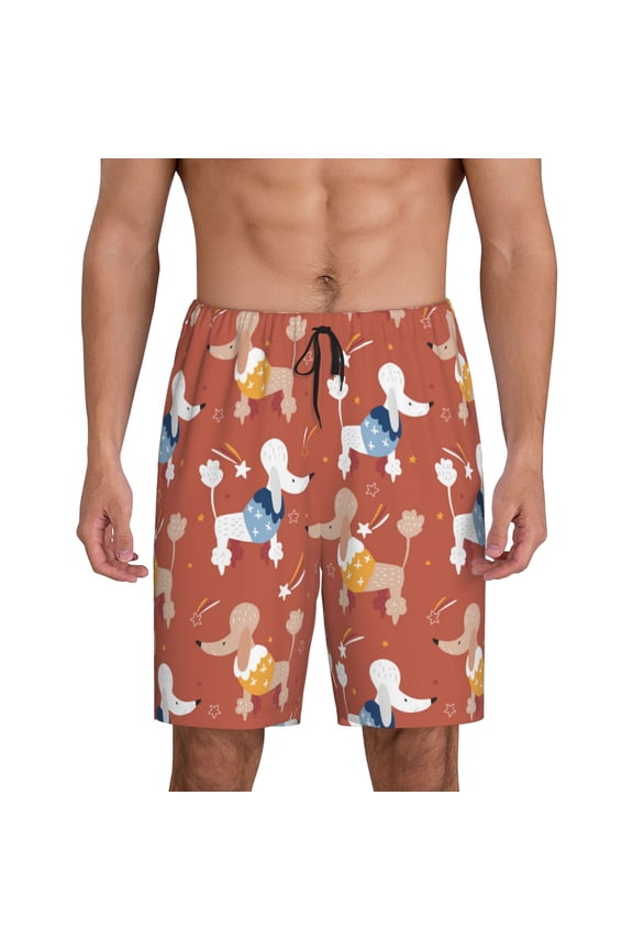Cute Poodle Dog Print Men's Pajama Shorts with Drawstring & Pockets,Sleep Shorts for Men,Sleepwear Bottoms,Elastic Waistband Loungewear-Large