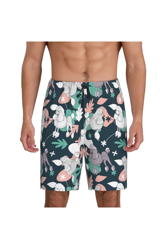 Cute Poodle Dog Print Men's Pajama Shorts with Drawstring & Pockets,Sleep Shorts for Men,Sleepwear Bottoms,Elastic Waistband Loungewear-Large