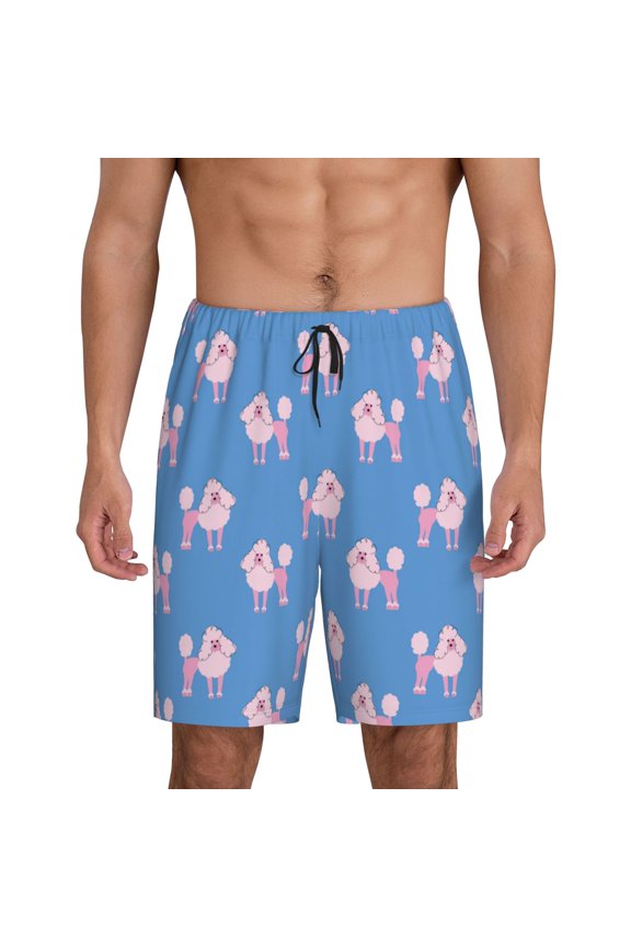 Cute Poodle Dog Print Men's Pajama Shorts with Drawstring & Pockets,Sleep Shorts for Men,Sleepwear Bottoms,Elastic Waistband Loungewear-Medium