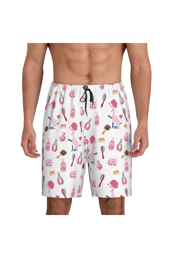 Cute Poodle Dog Print Men's Pajama Shorts with Drawstring & Pockets,Sleep Shorts for Men,Sleepwear Bottoms,Elastic Waistband Loungewear-Medium