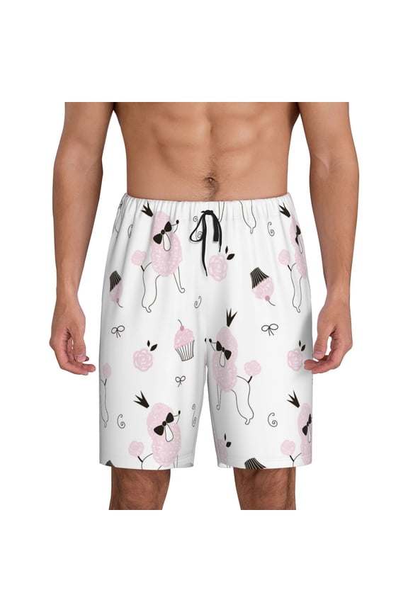 Cute Poodle Dog Print Men's Pajama Shorts with Drawstring & Pockets,Sleep Shorts for Men,Sleepwear Bottoms,Elastic Waistband Loungewear-Medium