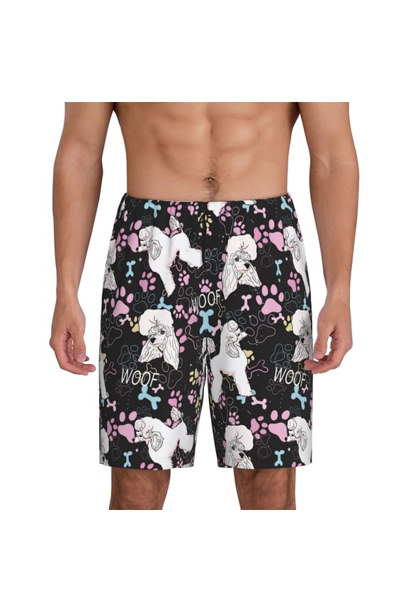 Cute Poodle Dog Print Men's Pajama Shorts with Drawstring & Pockets,Sleep Shorts for Men,Sleepwear Bottoms,Elastic Waistband Loungewear-Medium