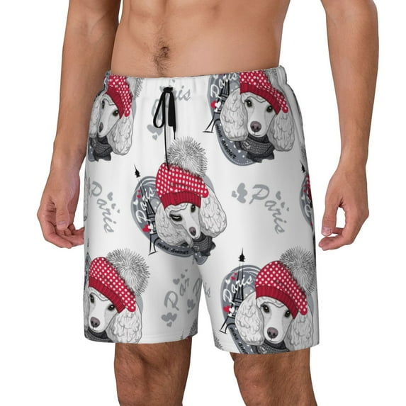 Logiee Cute Poodle Dog Print Men's Swim Trunk,Quick Dry Board Shorts ,Men's Swim Trunks with Compression Liner, Bathing Suits with Pockets-Medium