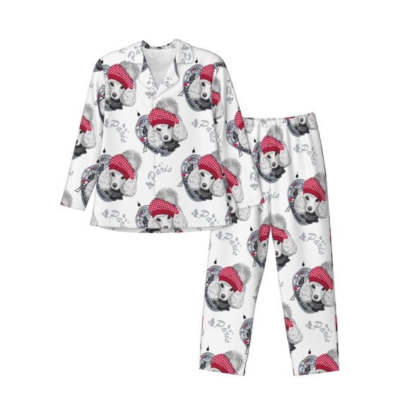 Logiee Cute Poodle Dog Print Mens Long Sleeve Pajama Set,Notched Collar Pajamas for Men, Men's Sleepwear,Mens Sleepwear with Pockets & Button Down-Large