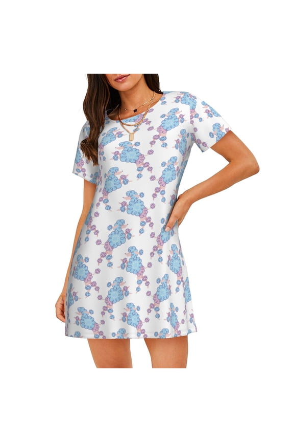 Cute Poodle Dog Print Nightgowns for Women,Soft Short-Sleeved Lightweight Sleepwear, Loose Sleepshirts