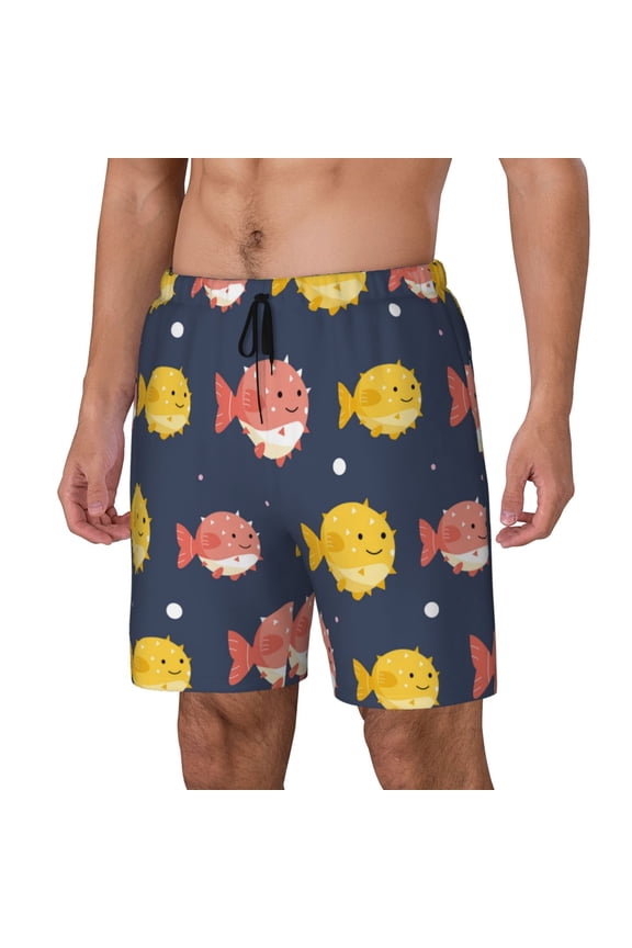 Cute Puffer Fish Print Men's Swim Trunk,Quick Dry Board Shorts ,Men's Swim Trunks with Compression Liner, Bathing Suits with Pockets-3X-Large