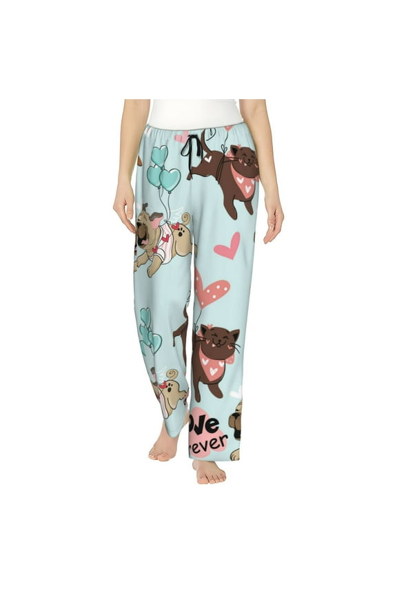 Cute Pug Dogs Print Women Pajama Pants,Comfy Pj Bottom with Pockets & Drawstring,Stretch Casual Sleepwear-Large