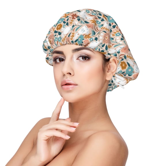 Logiee Cute Rabbit Floral Print Silk Bonnet Satin Bonnet for Sleeping Women and Men,Double Layer Hair Bonnet for Curly Braids Hair