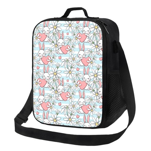 Logiee Cute Rabbit And Heart Print Insulated Lunch Bag for Women/Men, Reusable Lunch Box for Office Work School Picnic Beach,Leakproof Freezable Cooler Bag with Shoulder Strap