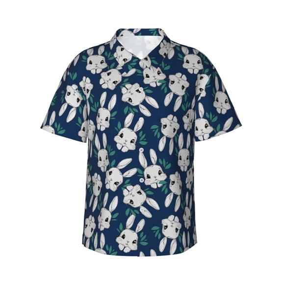 Logiee Cute Rabbit Print Mens Hawaiian Shirts,Loose-Fit Short Sleeve Button Down Tropical Aloha Beach Shirt,Summer Vacation Wedding Tops,XX-Large
